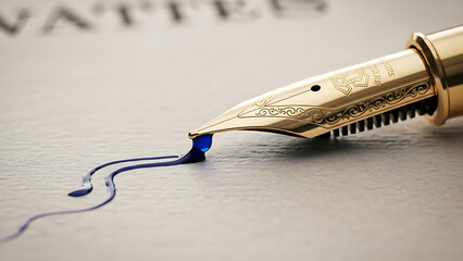 An ornate gold fountain pen nib glides across paper leaving a trail of wet blue ink