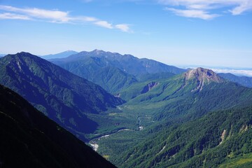 北アルプス　岳沢から望む上高地　　霞沢岳　乗鞍岳　焼岳