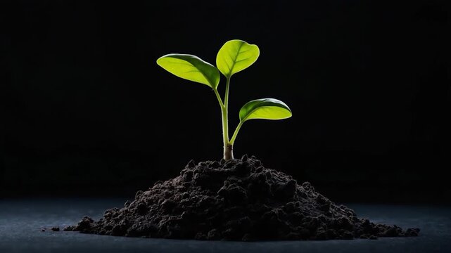 Close-up of vibrant green plant sprouting from dark soil in soft natural lighting showcasing the growth progress from simple seedling to lush leaves in a minimalistic dark setting