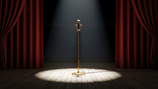Classic retro microphone on a theater stage under a bright spotlight before the show