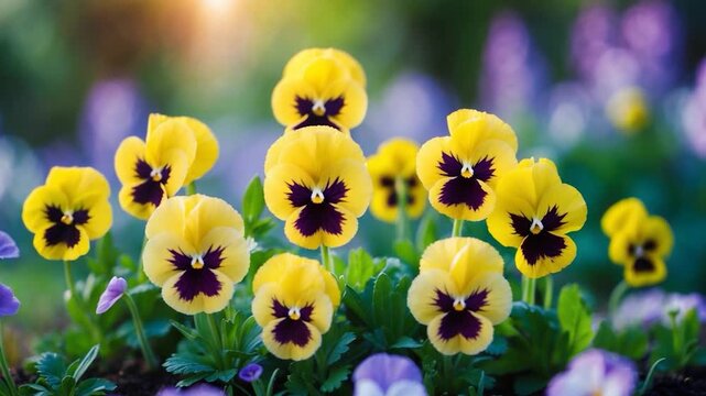 Vibrant yellow pansy flowers blooming in an outdoor garden showcasing their glossy petals and green foliage under soft natural sunlight in a colorful blurred background of purple blossoms.