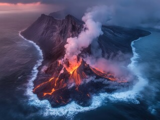 Fototapeta premium Volcano erupts on a remote island at sunset, showcasing vibrant lava flow against a dramatic sky