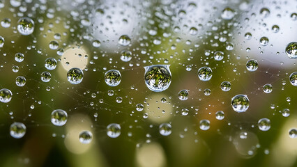 Abstract nature mesmerizing dew-kissed spiderweb with reflective droplets mirroring foliage