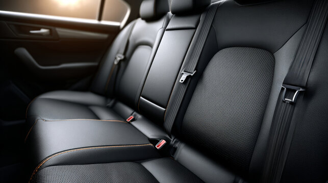 This detailed shot showcases a modern car's rear seat, featuring black seat belts that emphasize the sleek design and safety innovations in automotive interiors