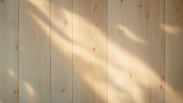 Soft natural light cascading over warm-toned wooden paneling with delicate shadows creating gentle patterns in a minimal indoor setting throughout the video duration