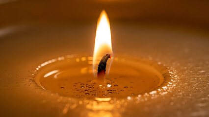 Serene warm light from a single burning candle illuminating the calm atmosphere