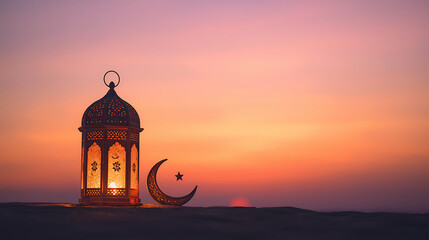 Ramadan lantern and crescent moon on sunset horizon