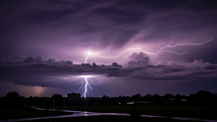Intense thunderstorm with vibrant purple lightning striking across a dark, cloudy sky