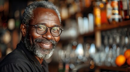 Smiling senior African American man with glasses and gray beard in bar setting, warm lighting highlighting friendly expression for hospitality industry.