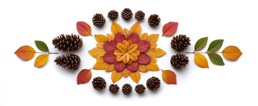 Nature mandala arrangement evokes warm joyful feelings with vibrant autumn leaves and pinecones.