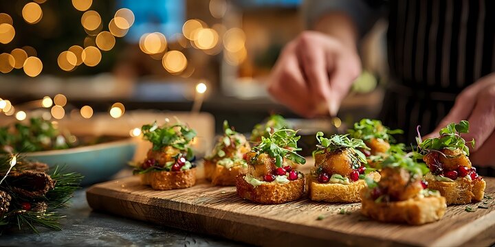 Chef preparing elegant appetizers on toasted bread with fresh herbs and toppings on wooden board, festive bokeh lights in background for holiday entertaining.