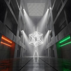 Generative AI Abstract Neon Sculpture in Rainy City Architecture Building Concrete Rain Wet Urban 3d render Wireframe Lighting Spotlight Geometric Structure Grid Modern - Unique Design