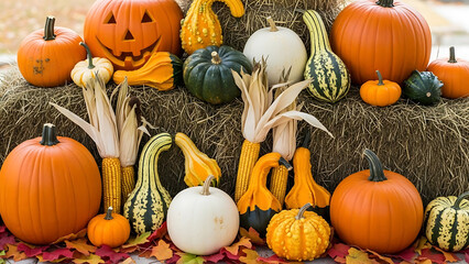 Colorful fall harvest arrangement of pumpkins, Jack-o'-lantern, and gourds on hay