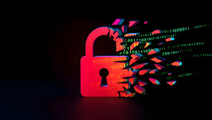 Vivid Red Digital Padlock Shattering into Binary Code, Illustrating a Critical Cybersecurity Breach and the Fragility of Online Data Security in a Modern Technological Landscape