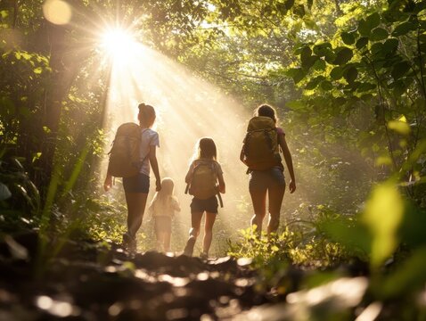 Hiking in a sunlit forest with family during a summer afternoon, enjoying nature and adventure