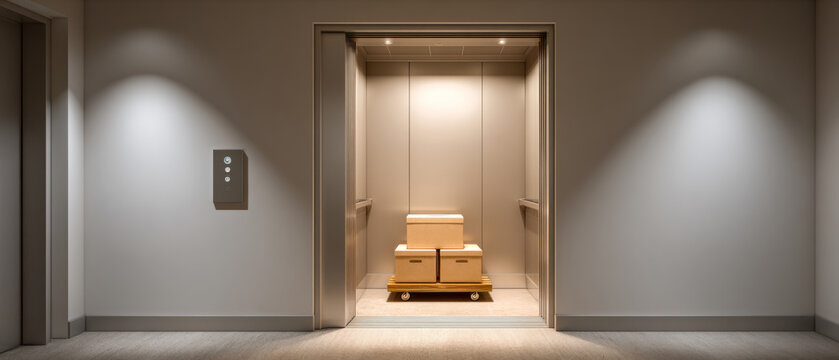Open elevator with cardboard boxes on a wooden dolly inside a modern building hallway with neutral walls and soft lighting