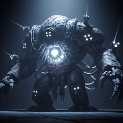 Generative AI Cybernetic Monster with Glowing Core Robot Artificial intelligence Futuristic Technology Machine Creature 3d render Dark Imposing Mechanical Wires Tubes Armor - Download Now