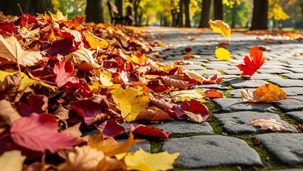 Colorful autumn leaves falling on a cobblestone park pathway in warm sunlight