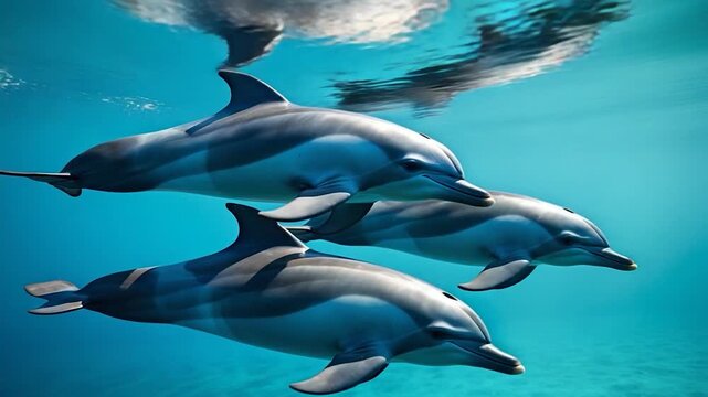 Three dolphins swimming gracefully underwater in a clear blue ocean showcasing soft light reflections and dynamic movements in a serene marine environment