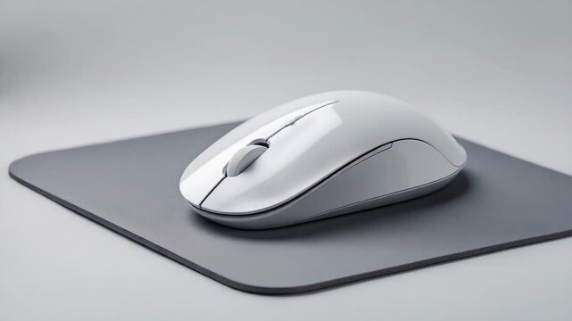 Close-up of a sleek white computer mouse on a smooth gray mouse pad captured in a minimalistic indoor environment with soft lighting displaying a subtle perspective shift throughout the video.