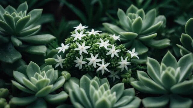Close-up of lush green succulents with white star-shaped flowers surrounded by a rich array of similar plants featuring detailed textures and various shades of green highlighted by soft natural light