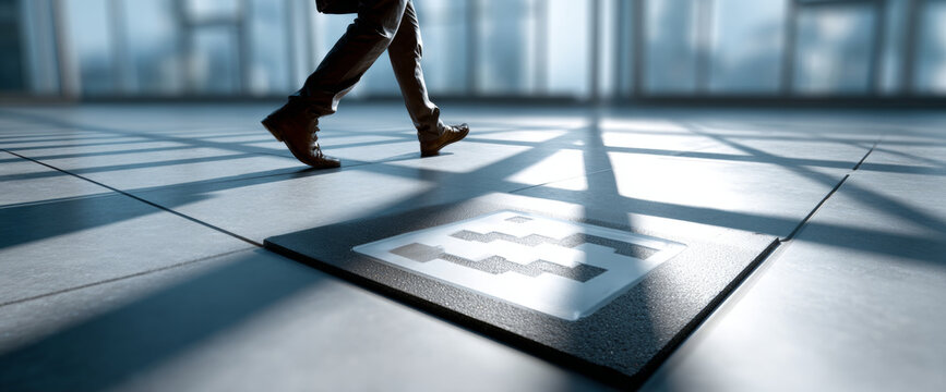 Businessman walking near a robotic marker on floor in futuristic office interior with geometric shadows