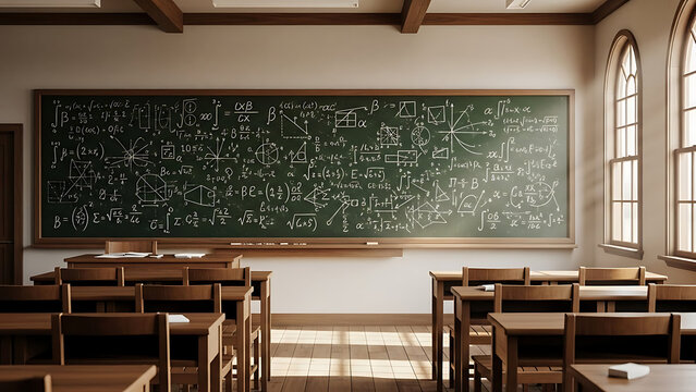 Ideal traditional classroom, blackboard filled with advanced scientific formulas and equations