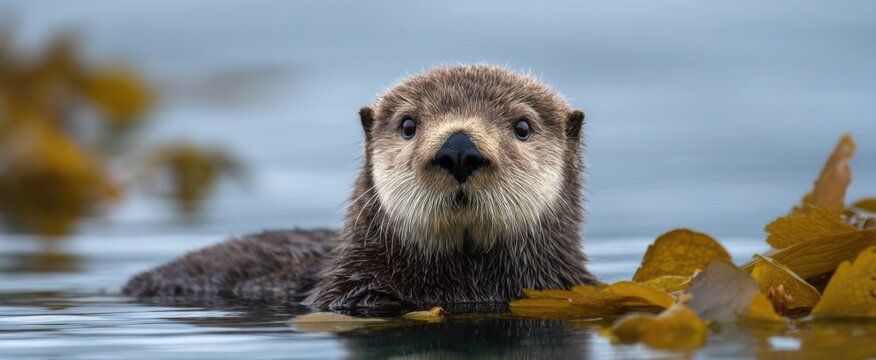 The sea otter lounges like a cozy leaf on kelp in calm ocean waters.