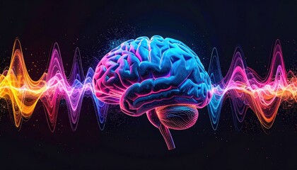A glowing brain surrounded by colorful energy waves, representing thought and innovation