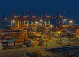 Night view of the cargo terminal of Tianjin Port from an aerial perspective	
