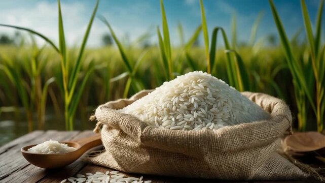 Close-up of white rice spilling from a burlap sack on a wooden surface surrounded by lush green rice plants under soft natural light showcasing textures and earthy tones throughout the scene