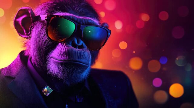 cool party monkey with sunglasses on colorful disco background illustrated animation