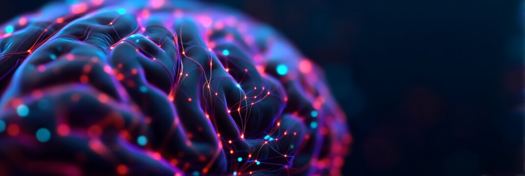 A vibrant, abstract representation of a brain, showcasing colorful neural connections against a dark background, symbolizing intelligence and creativity.