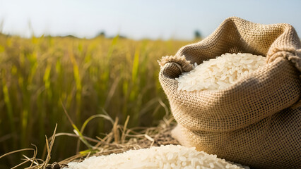 Freshly harvested rice overflowing from burlap sack against golden field during sunny day agriculture concept
