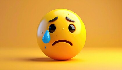 Fototapeta premium A sad emoji with a tear rolling down its cheek against a yellow background