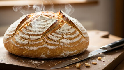 Freshly Baked Bread on Wooden Board with Knife and Steam - Tasty and Warm