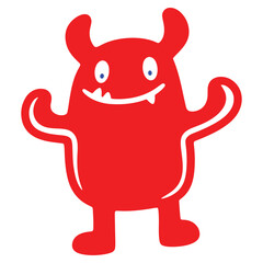 Cheerful Red Monster with Horns and Big Smile Standing on White Background Vector Illustration for Kids and Creative Projects