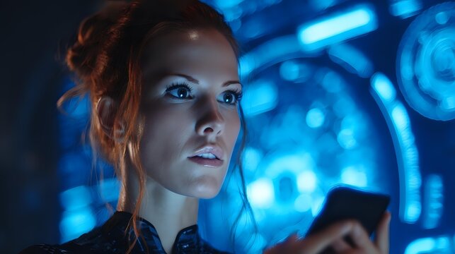 Young Caucasian woman with red hair looking at smartphone against futuristic blue technology background, portraying digital connectivity concept. - Powered by Adobe