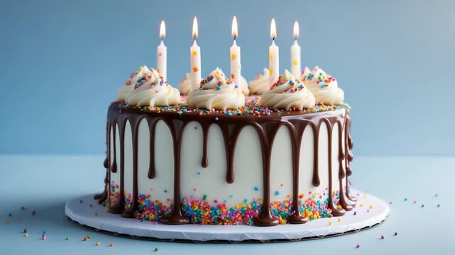 Decorative birthday cake topped with colorful frosting sprinkles and lit candles displayed against a soft pastel background showcasing detailed texture and vibrant colors