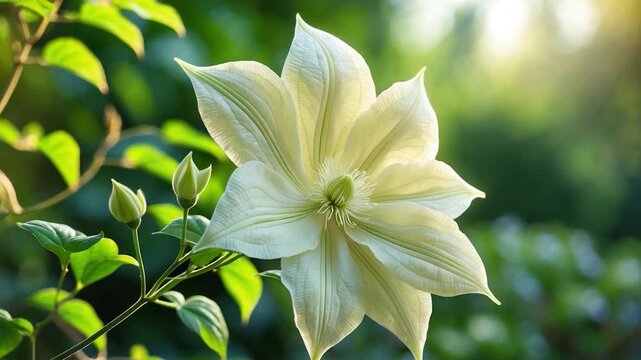 Close-up view of a blooming white clematis flower in natural light with green leaves in the background showcasing detailed petal textures and soft ambient daylight