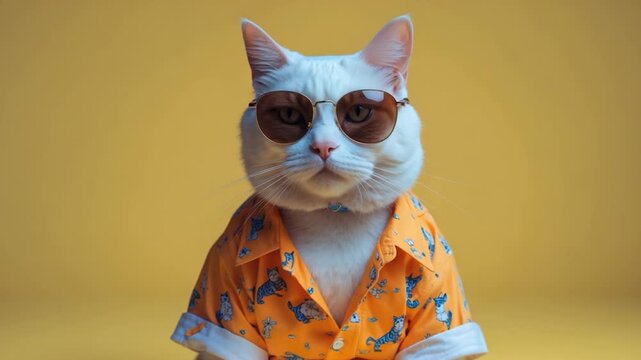 Playful white cat wearing stylish sunglasses and a colorful orange shirt with a tiger pattern striking a confident pose against a bright yellow background in a well-lit studio setting