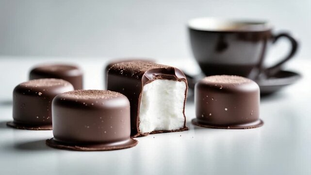 Close-up of glossy chocolate-covered marshmallow treats arranged on a light surface beside a coffee cup highlighting soft textures and rich colors in bright natural light