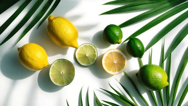 Vibrant composition of fresh lemons and limes arranged on a white surface with green palm leaves showcasing various citrus fruits cut in half illuminated by soft natural light