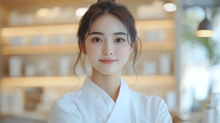 Young Asian female chef in white uniform smiling at camera in bright restaurant kitchen, professional culinary portrait.