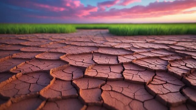 Expansive view of cracked dry earth transitioning into vibrant green grass under a colorful sky at sunset showcasing arid landscape and environmental change through gradual visual continuity