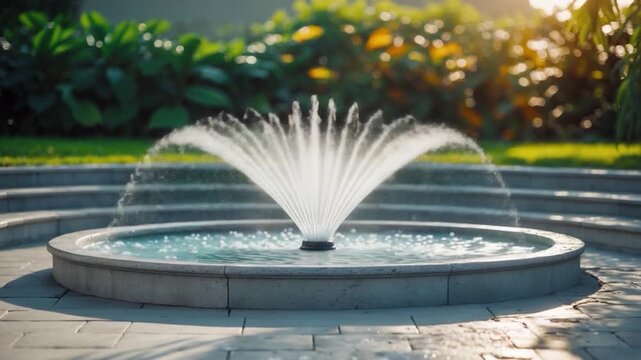 Elegant water fountain spraying water in a circular pattern surrounded by lush greenery soft natural light illuminating the scene showcasing smooth stone textures and vibrant plant colors.