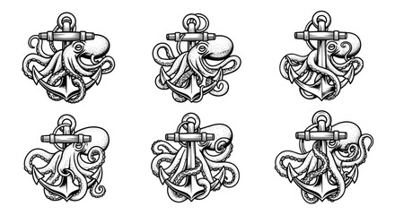 Set of Six Nautical Anchors Entwined with Kraken Tentacles.