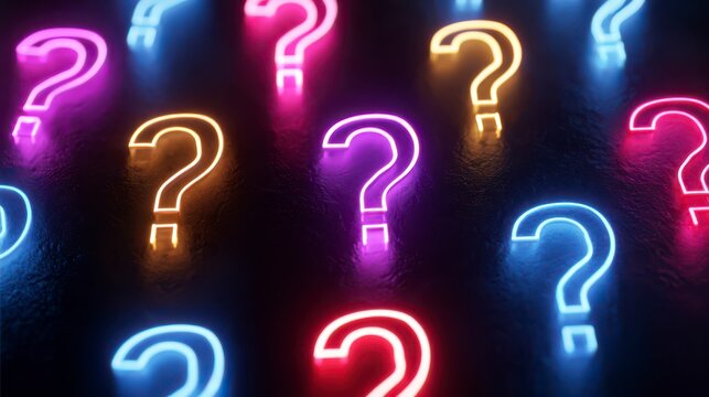 Neon Question Marks: Vibrant neon question marks illuminate a dark background, sparking curiosity and intrigue. An eye-catching design to make a statement or add a touch of mystery. 