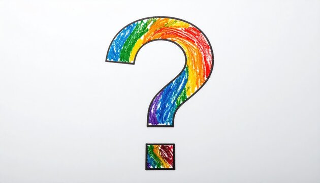 A colorful rainbow question mark on plain background. The question mark is a visual representation of inquiry