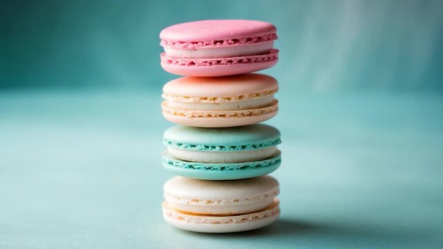 Close-up of colorful stacked macarons in pastel pink white orange and green hues arranged neatly on a soft turquoise background with soft light enhancing the glossy finish and intricate details
